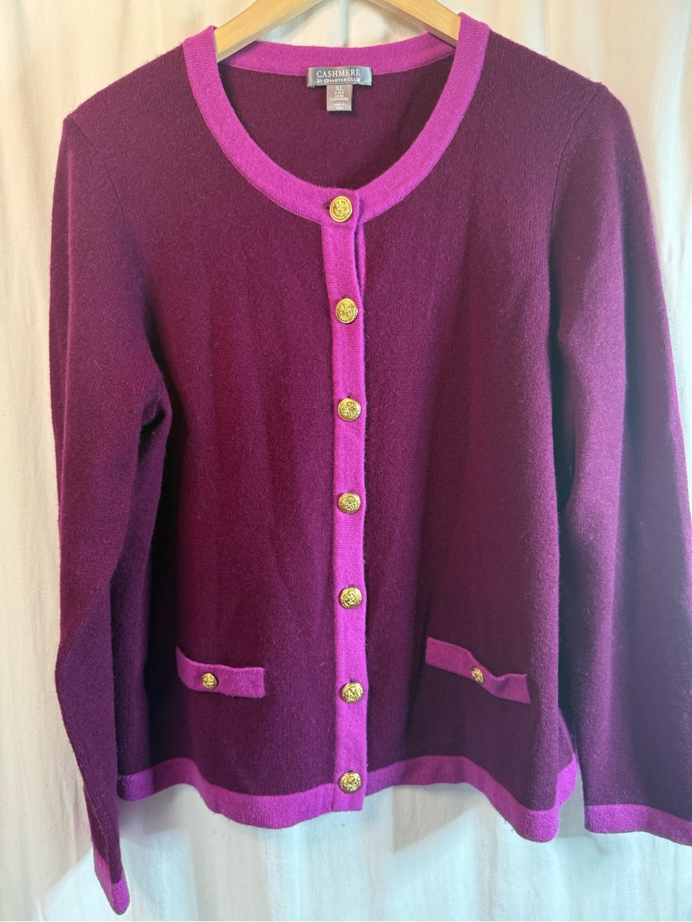 Charter Club 100% Cashmere Button-Front Cardigan Plum Purple Pink Trim XL